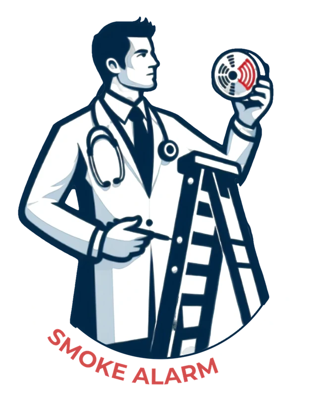 The Smoke Alarm Doctor mark: a technician in a white coat with a stethoscope, holding a smoke alarm beside a ladder.
