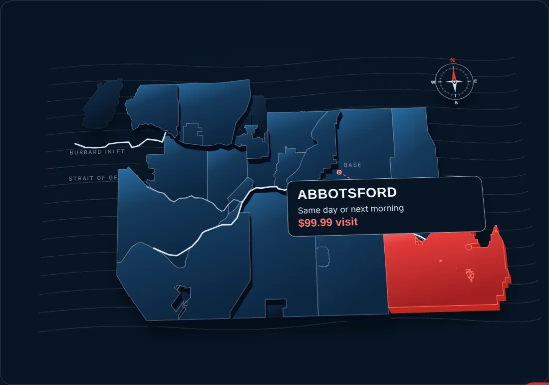 Map of Vancouver and the Lower Mainland service area with Abbotsford highlighted