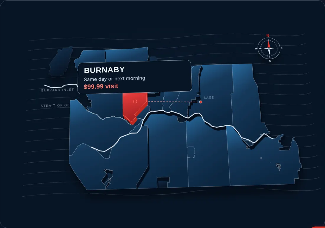 Map of Vancouver and the Lower Mainland service area with Burnaby highlighted