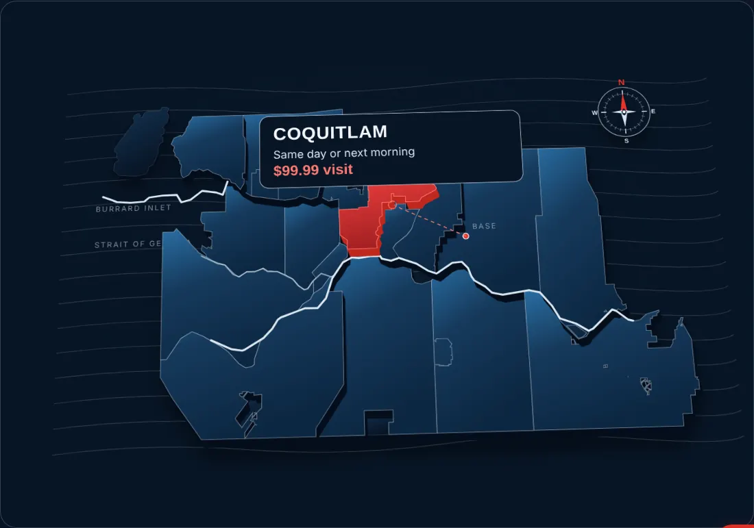 Map of Vancouver and the Lower Mainland service area with Coquitlam highlighted