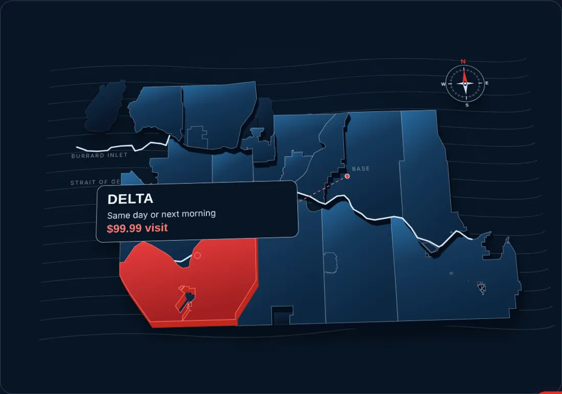 Map of Vancouver and the Lower Mainland service area with Delta highlighted