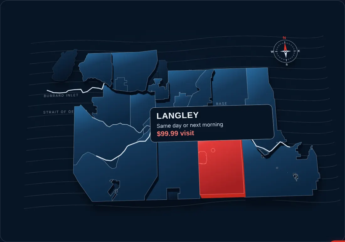 Map of Vancouver and the Lower Mainland service area with Langley highlighted