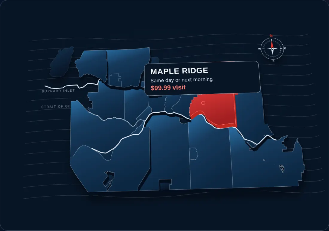 Map of Vancouver and the Lower Mainland service area with Maple Ridge highlighted