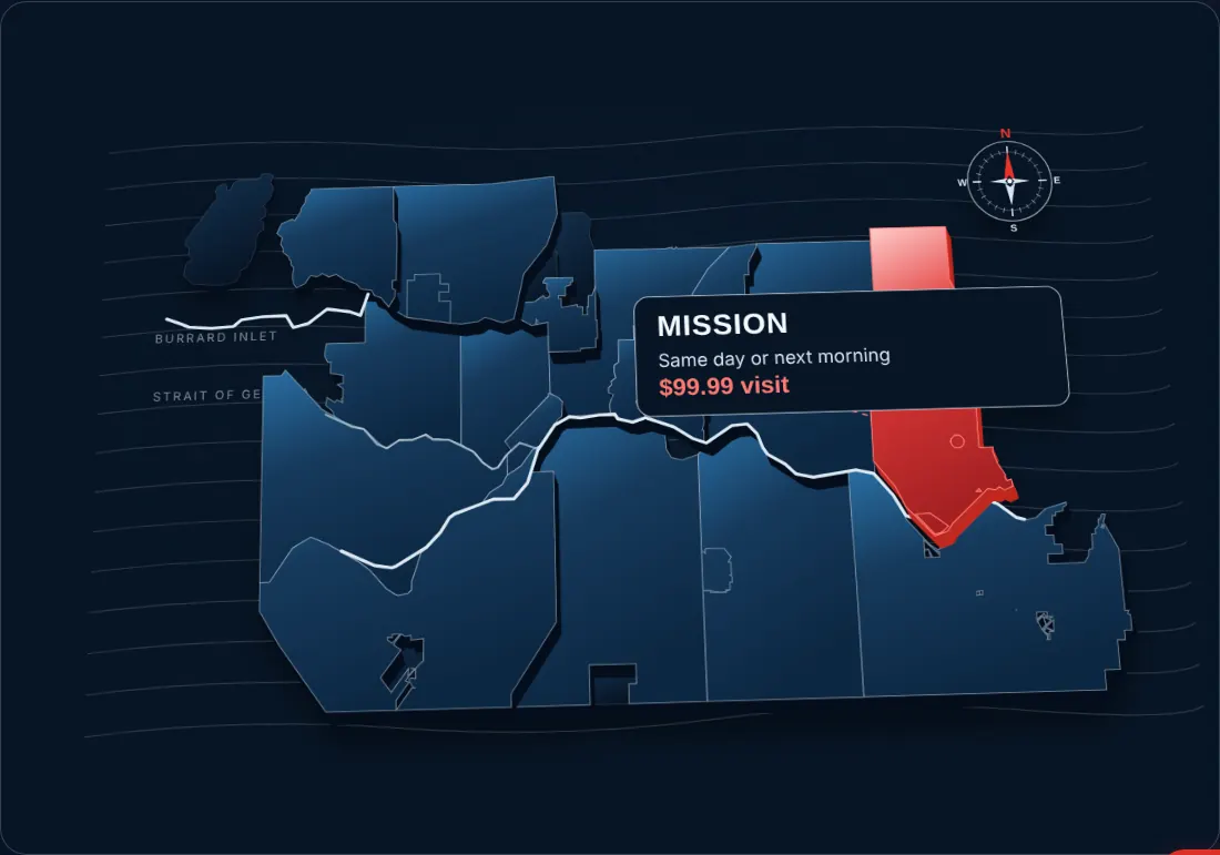 Map of Vancouver and the Lower Mainland service area with Mission highlighted