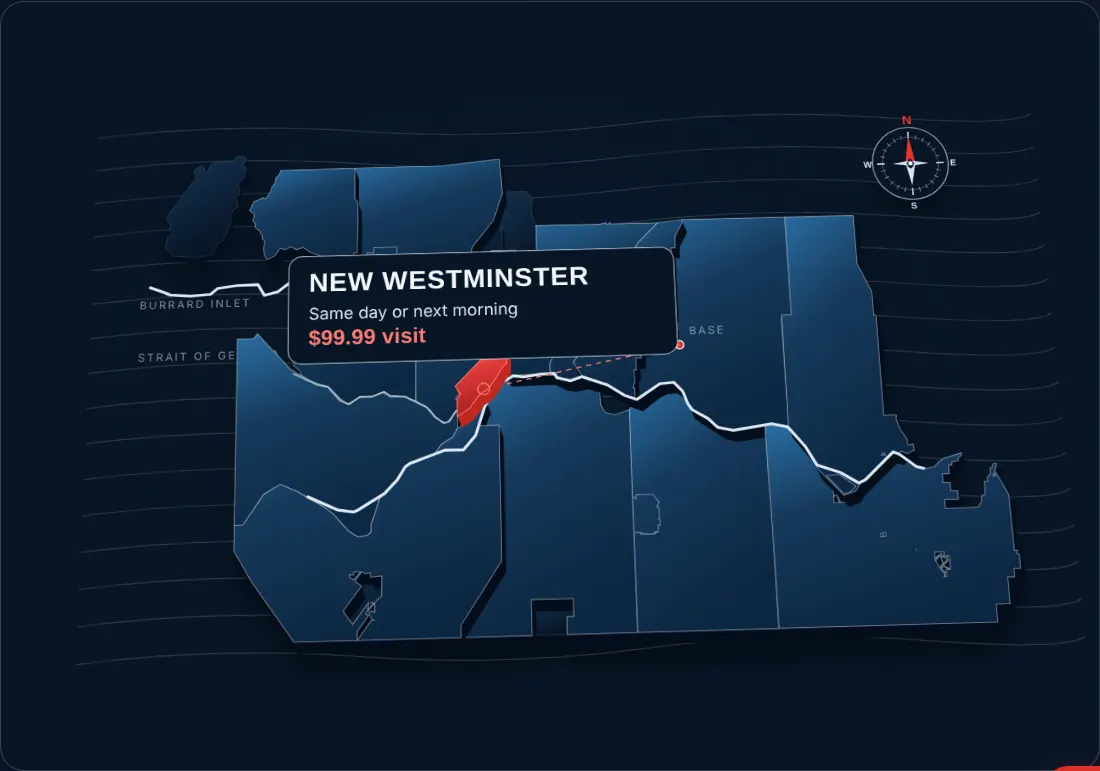 Map of Vancouver and the Lower Mainland service area with New Westminster highlighted