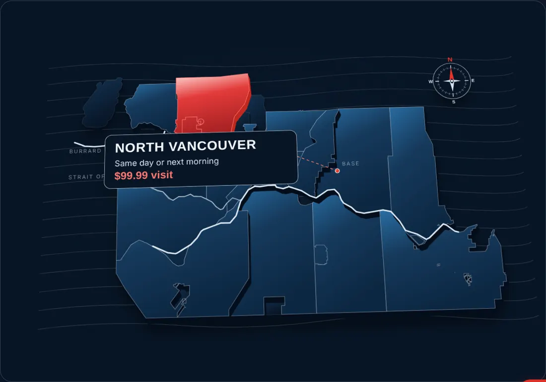Map of Vancouver and the Lower Mainland service area with North Vancouver highlighted