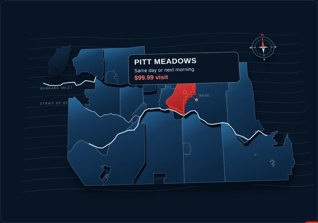 Map of Vancouver and the Lower Mainland service area with Pitt Meadows highlighted