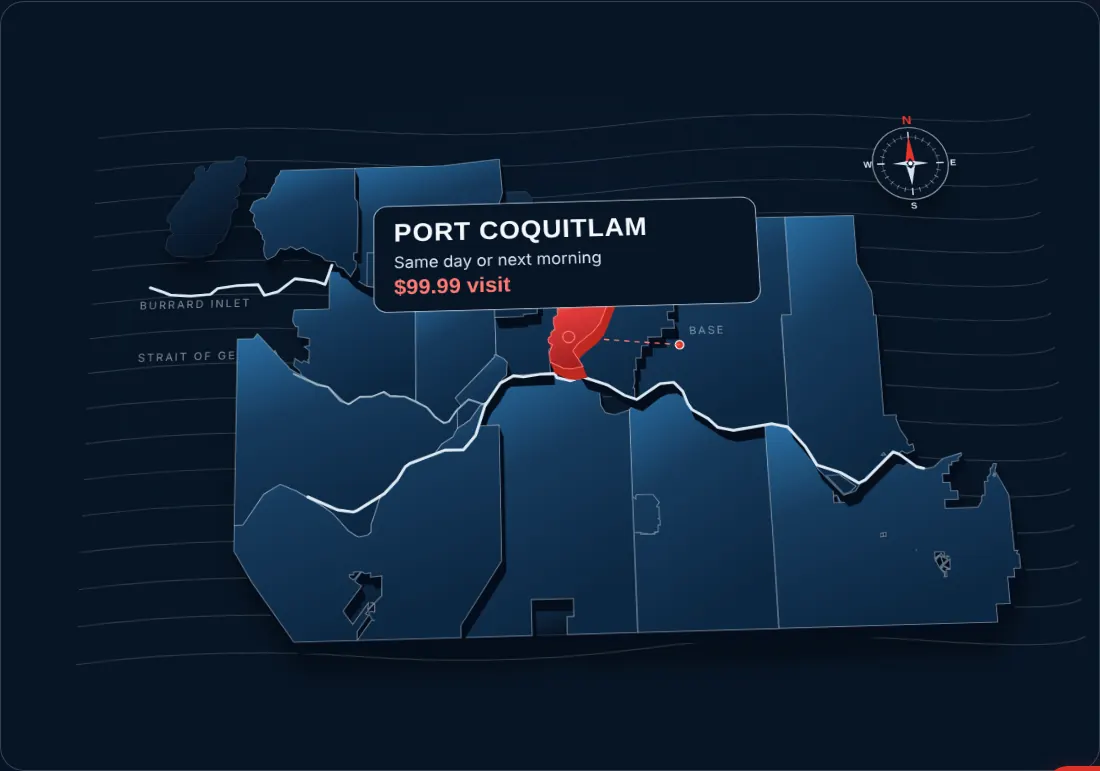 Map of Vancouver and the Lower Mainland service area with Port Coquitlam highlighted