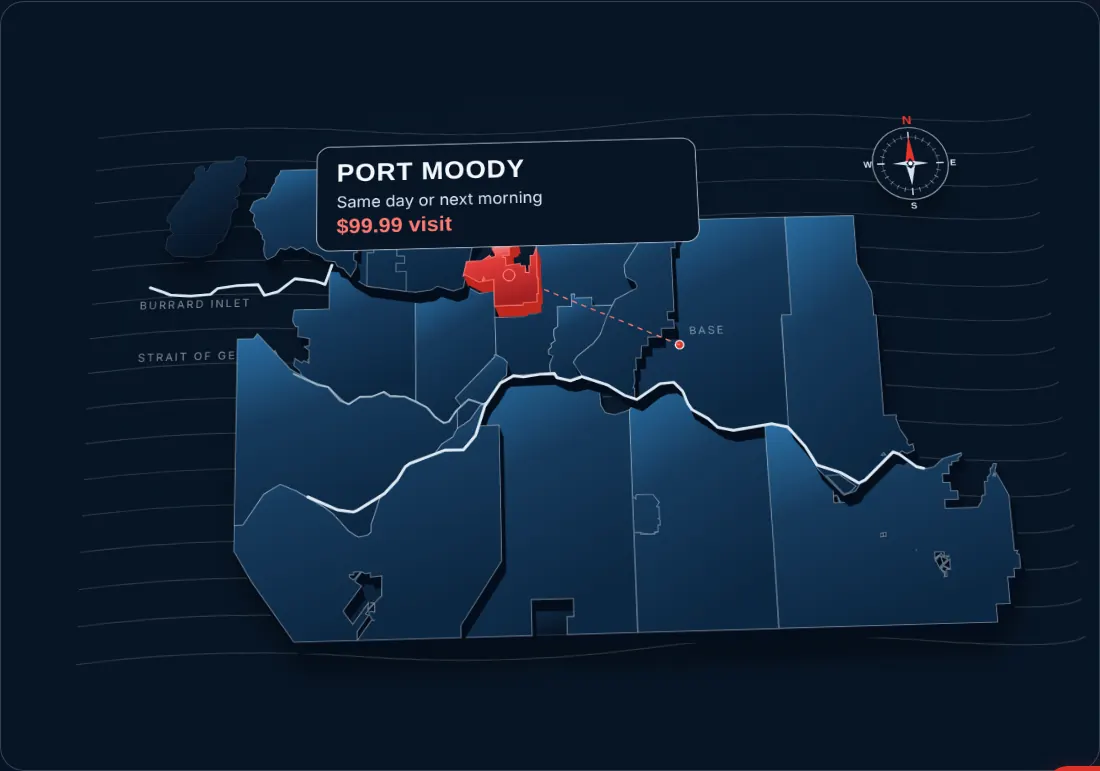 Map of Vancouver and the Lower Mainland service area with Port Moody highlighted