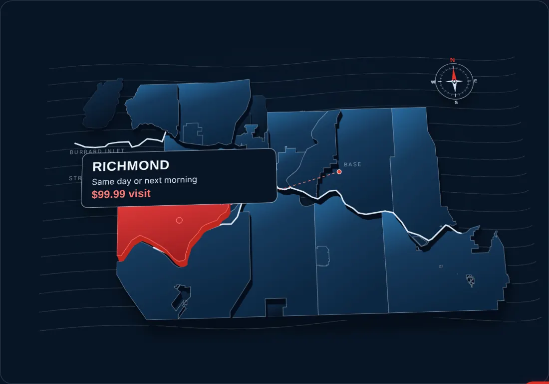 Map of Vancouver and the Lower Mainland service area with Richmond highlighted