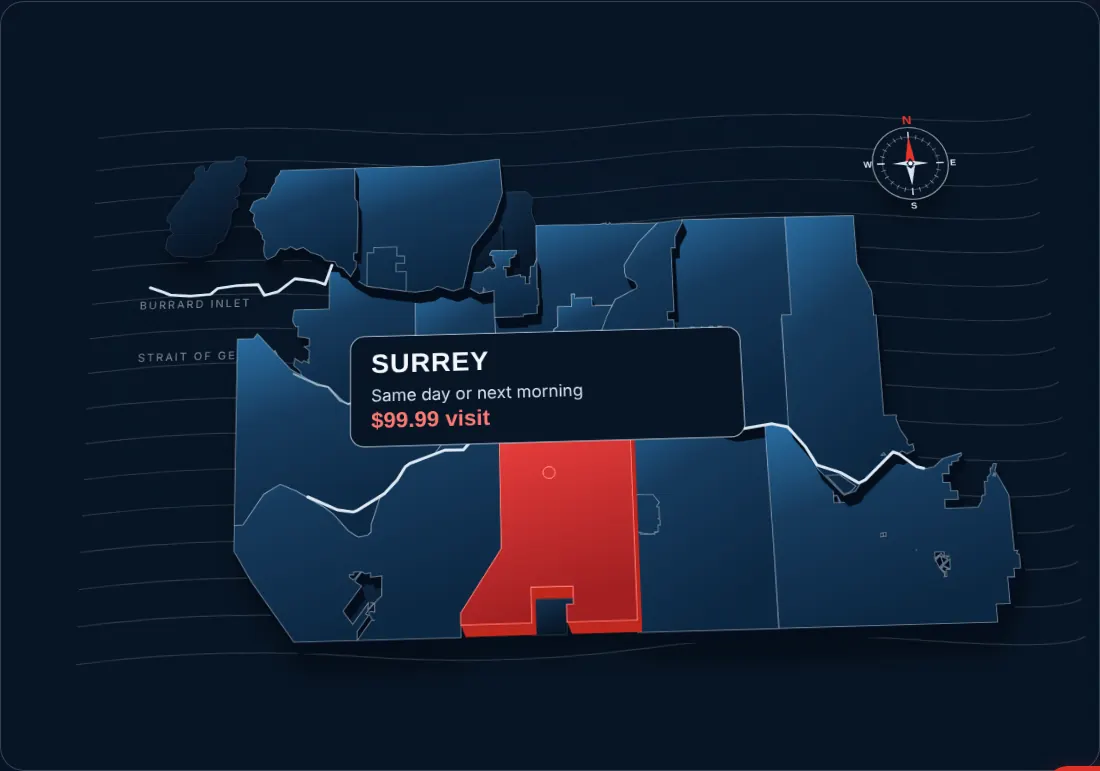 Map of Vancouver and the Lower Mainland service area with Surrey highlighted