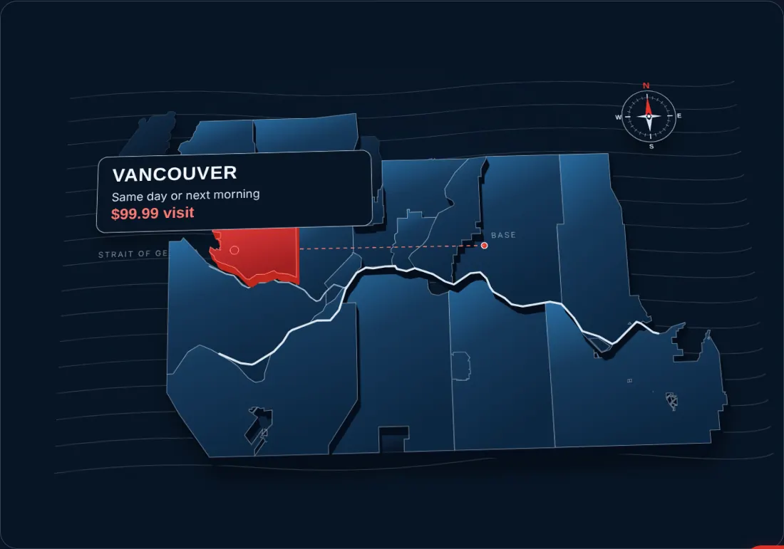 Map of Vancouver and the Lower Mainland service area with Vancouver highlighted