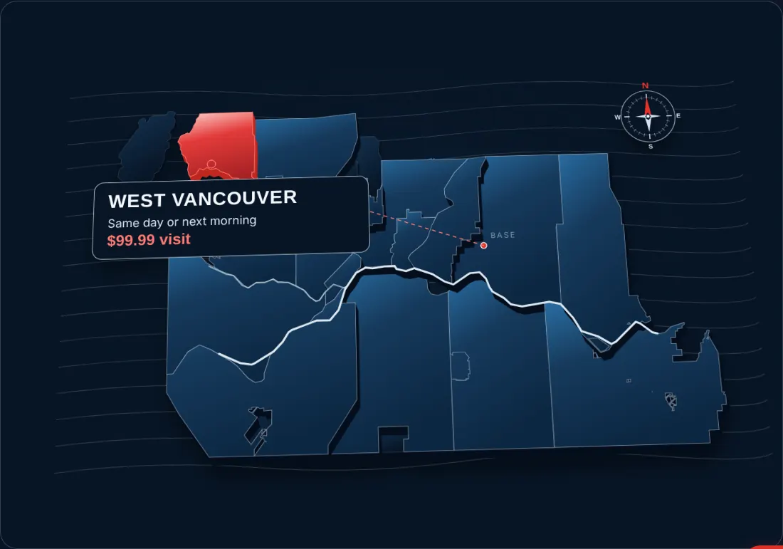 Map of Vancouver and the Lower Mainland service area with West Vancouver highlighted
